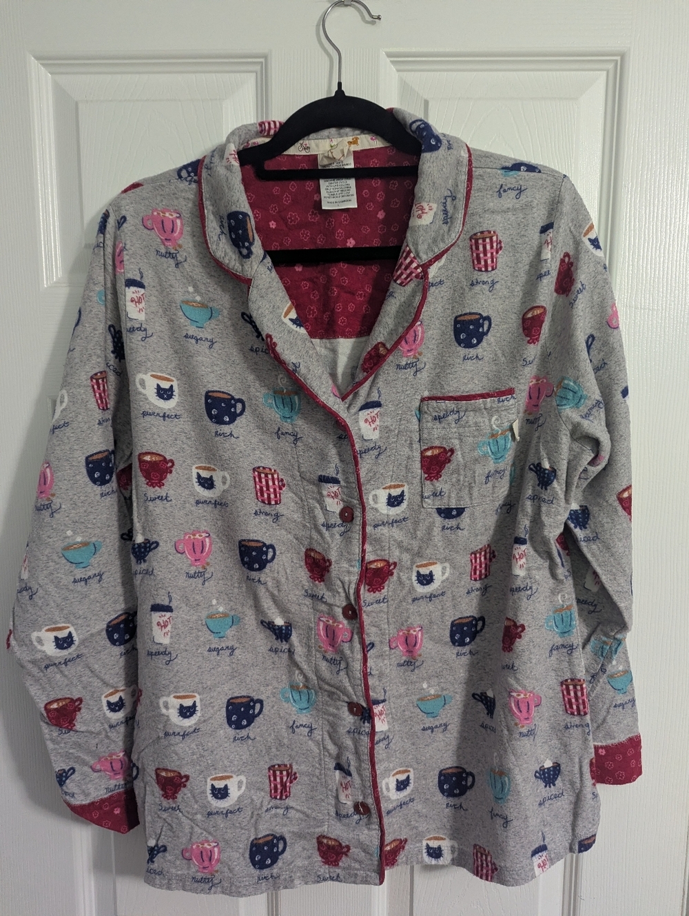 munki munki Gray Mug-Print Long-Sleeve Pajama Top with Pink Trim And Pants